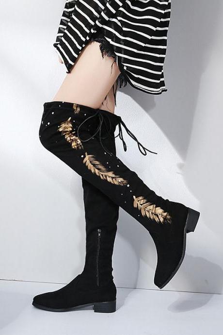 Print Round Toe Chunky Low Heel Over-knee Long Boots