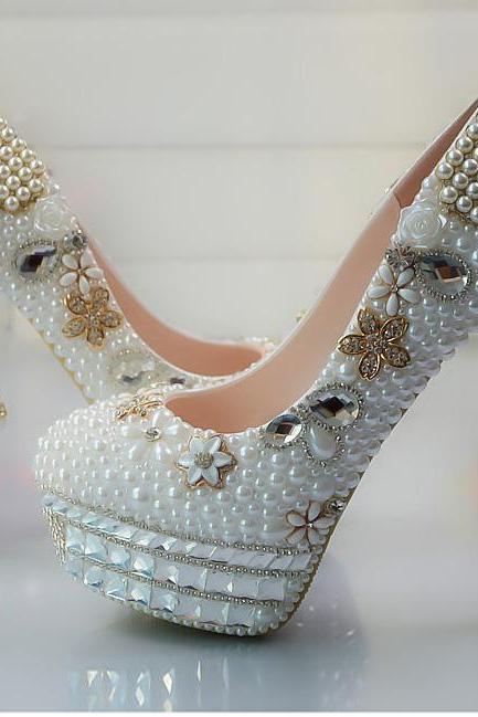 Crystal Beadings Round Toe Platform Stiletto High Heels Party Bridal Shoes