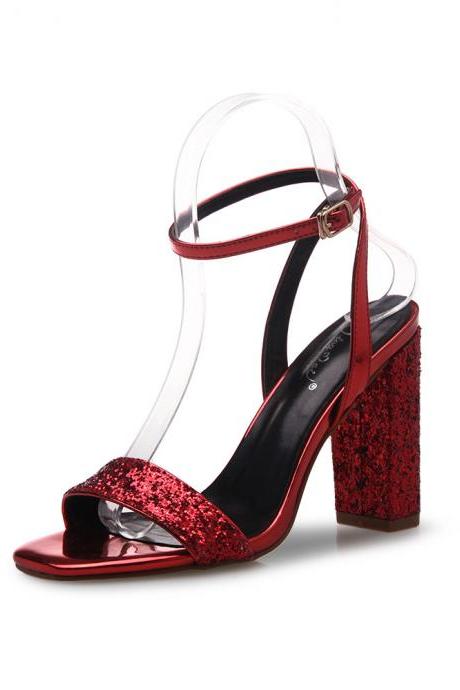 Square Open-toe Sequined Ankle Strap Chunky Heels, High Heels