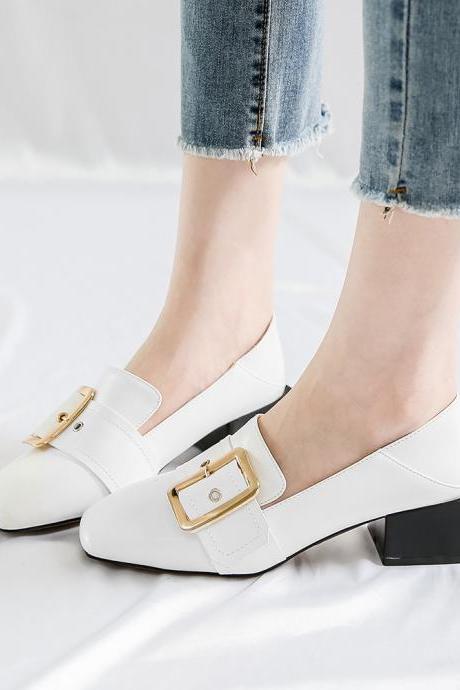 Hasp Square Toe Low Chunky Heel Low Cut Casual Shoes