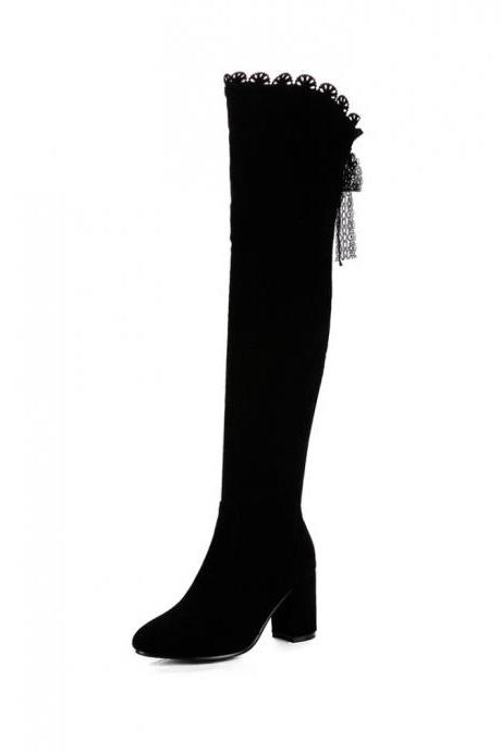 Suede Chunky Heel Knee-high Boots With Lace Trimming