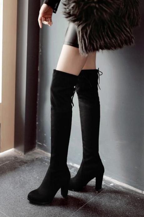 Suede Pure Color Chunky Heel Round Toe Long Boots