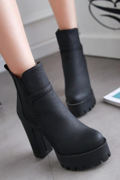 Pu Chunky Heel Pure Color Round Toe Short Boots