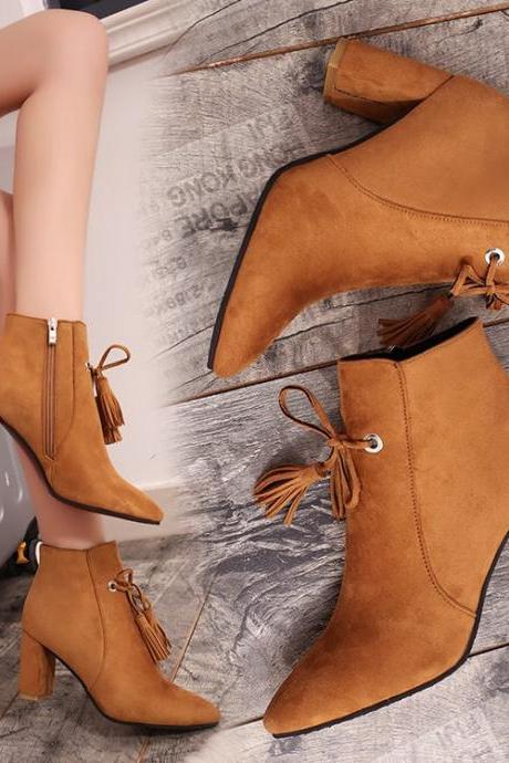 Pointed Toe Chunky High Heel Suede Boots With Tassels And Side Zipper