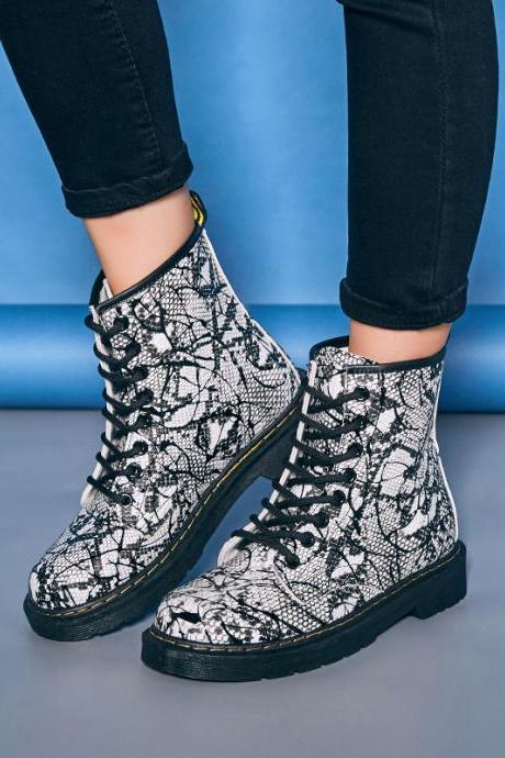 Print PU Chunky Heel Round Toe Lace-up Short Boots