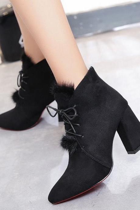 Suede Pure Color Lace-up Chunky Heel Pointed Toe High Heels