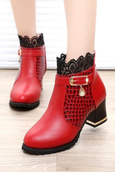 Pu Pure Color Chunky Heel Round Toe Platform Rhinestone Boots