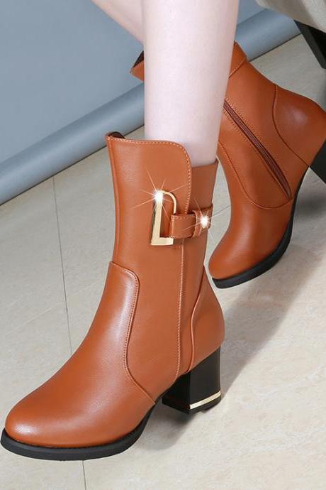 Pu Pure Color Round Toe Chunky Heel Platform Boots