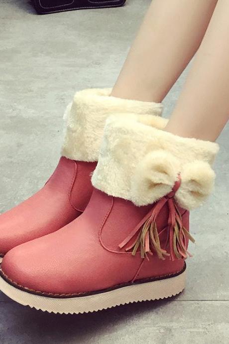 PU Pure Color Flat Round Toe Short Boots