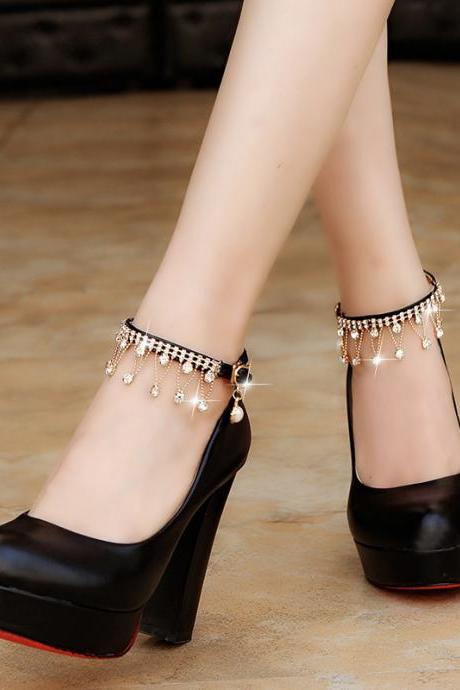 Rounded Toe Faux Leather Chunky High Heel Pump With Diamond Fringe Ankle Strap
