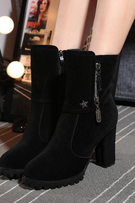Suede Pure Color Zipper Chunky Heel Round Toe Boots
