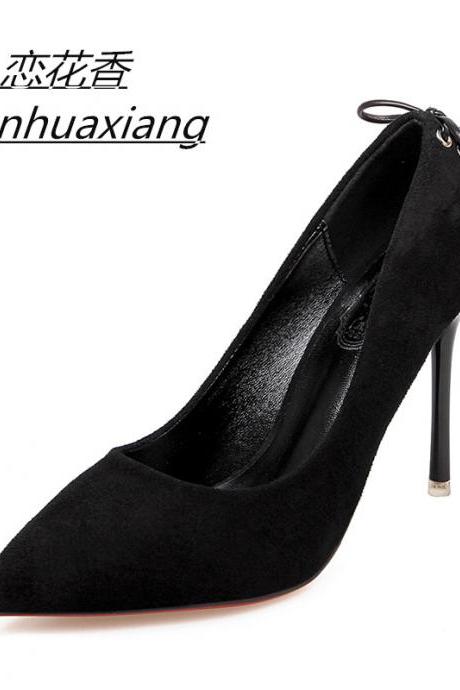 Black Faux Suede Pointed-toe High Heel Stilettos Featuring Ribbon Accent Back
