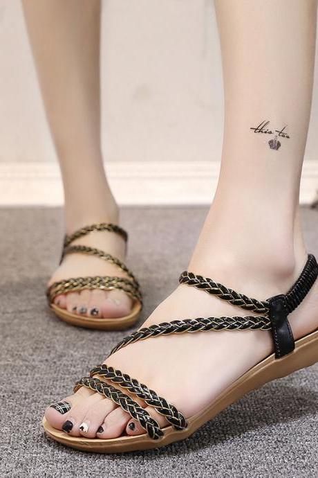 Pure Color PU Flat Peep-toe Ankle Strap Sandals