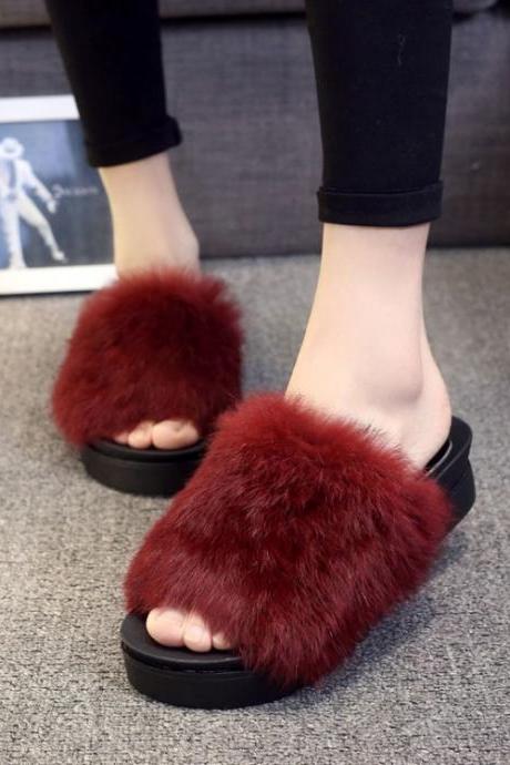 Peep-Toe Fur Flat Platform Flip-Flop Sandals
