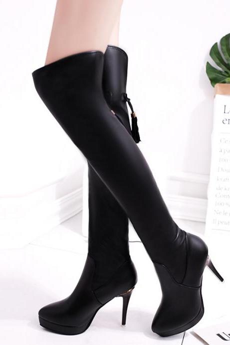 PU Pure Color Stiletto Heel Round Toe High Boots