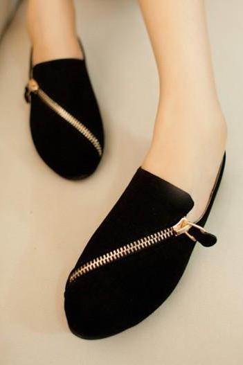 Faux Suede Rounded-Toe Loafers Featuring Gold Zipper Detailing 