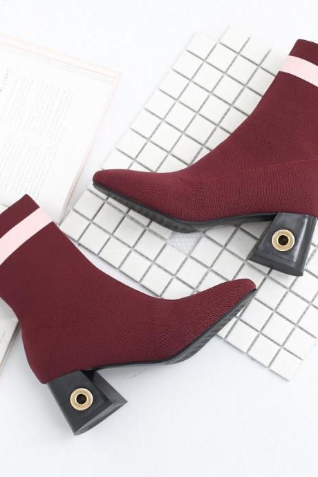 Square Toe Striped Chunky Heel Ankle Boots