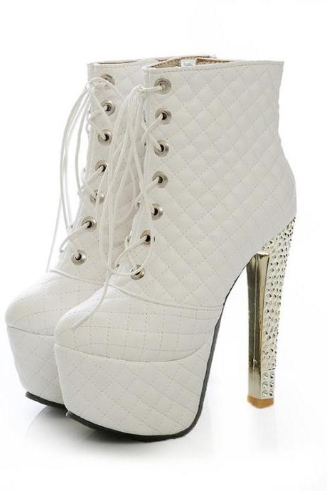White/ Black / Metallic Diamond Quilted Lace Up High Heel Leather Ankle Boots