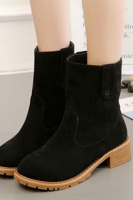 PU Chunky Heel Round Toe Pure Color Short Boots