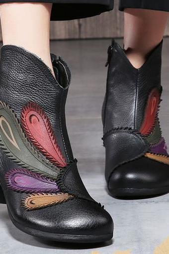 Women Fashion Retro Handmade Plume Pattern Zipper Ankle Leather Boots