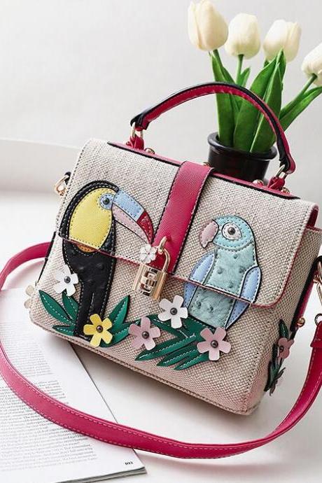 Flower-And-Bird Printing Knitted Crossbody Bag