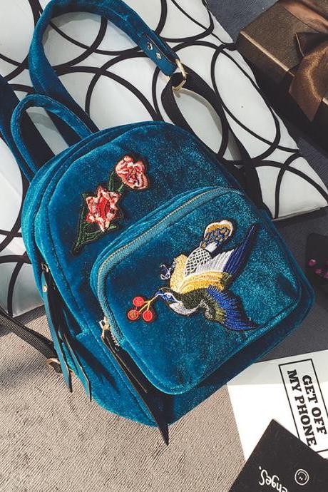 Korean Style Suede Embroidery Backpack