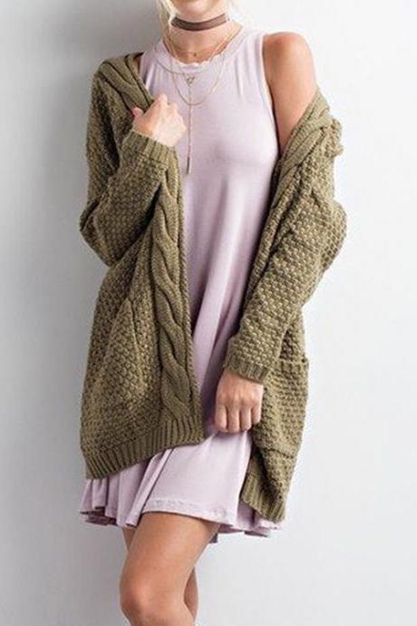 Pure Color Long Sleeves V-neck Long Cardigan