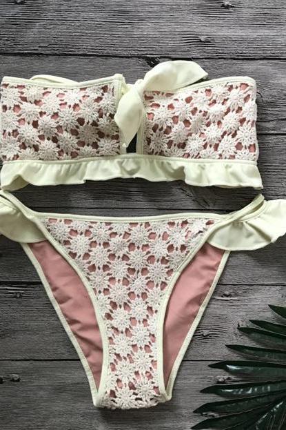 Lace Daisy Frill Bowknot Bikini Set