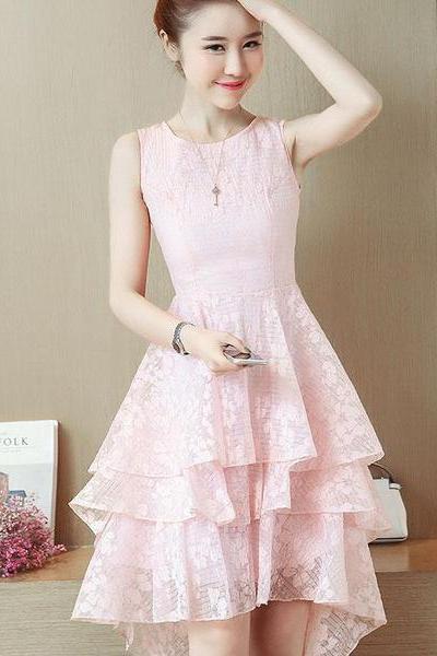 Lace Irregular Pure Color Sleeveless Short Party Dress
