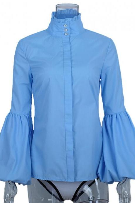 High-neck Button Down Shirt With Lantern Sleeves