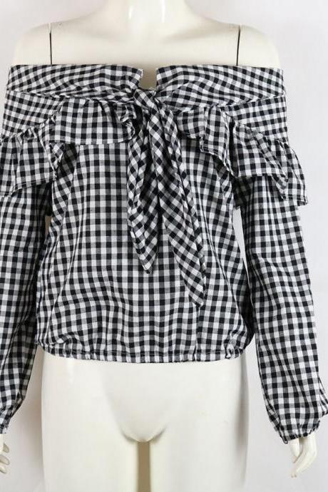 Black White Gingham Tie-Accent Off-The-Shoulder Long Cuffed Sleeves Blouse Featuring Ruffles