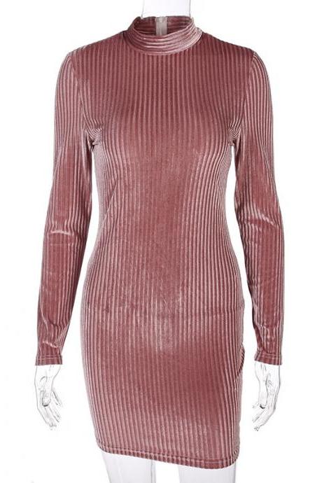 Pink Long Sleeves High Neck Pure Color Scoop Short Dress
