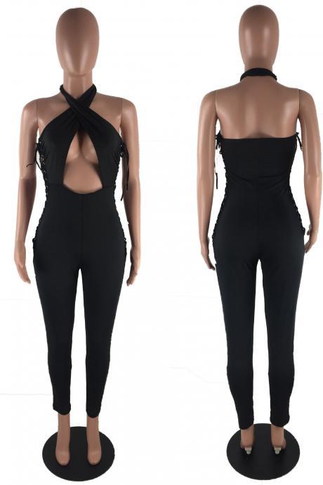 Halter Hollow Out Backless Straps Long Jumpsuits