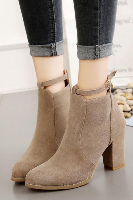 Suede Pure color Zipper Chunky Heel Pointed Toe High Heels Ankle Boots