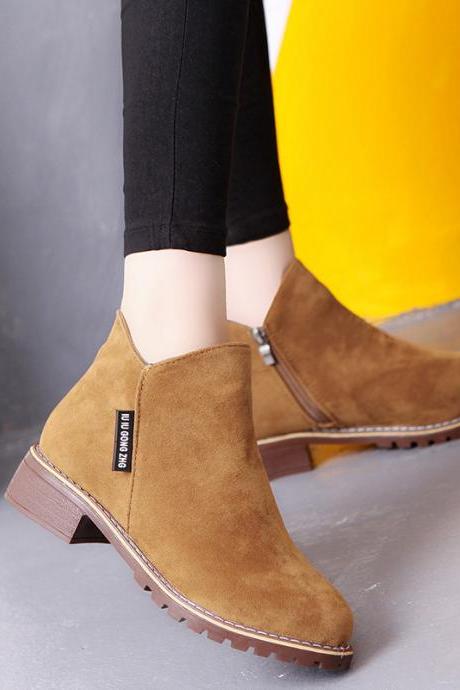 Pure Color Suede Chunky Heel Round Toe Ankle Boots