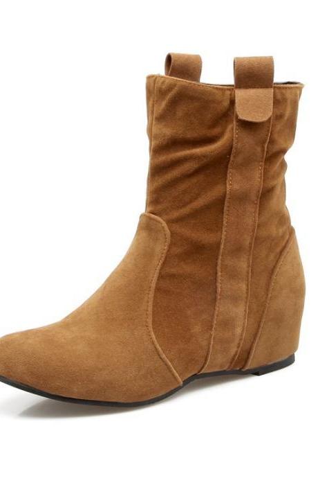 Suede Slope Heel Pure Color Round Toe Inside Heels Ankle Boots