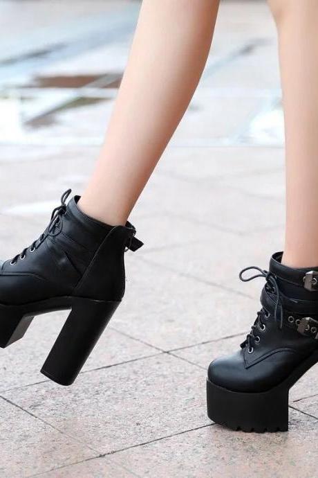 Lace-up Chunky Heel Platform Super High Heels Ankle Martin Boots
