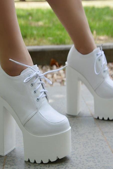Lace-up Pu Chunky Heel Platform Super High Heels Ankle Boots