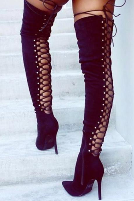 Back Lace Up Hollow Out Stiletto Heel Pointed Toe Over Knee Boots