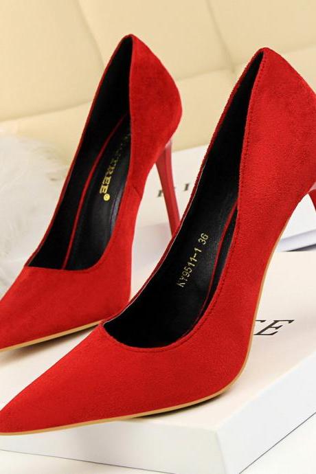 Red Faux Suede Pointed-Toe High Heel Stilettos