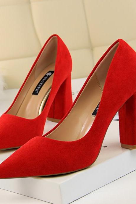 Low Cut Suede Chunky Heel Pointed Toe High Heels Party Shoes