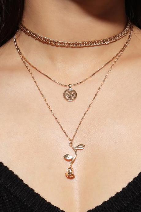 Multi-layer Simple Alloy Rose Pendant Collar Bone Necklace