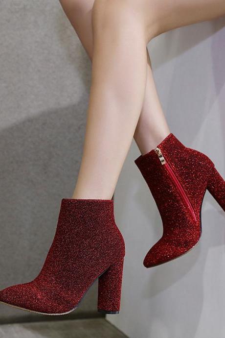 Shinning Pointed Toe Side Zipper Middel Chunky Heel Ankle Boots