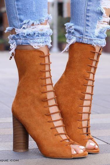 Straps Hollow Out Back Zipper High Chunky Heel Ankle Boot Sandals