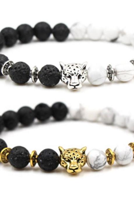Import White Turquoise Black Volcanic Stone Bead Leopard Head Bracelet