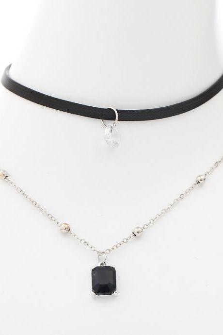 Square Drill Leather Strap Alloy Clavicular Necklace