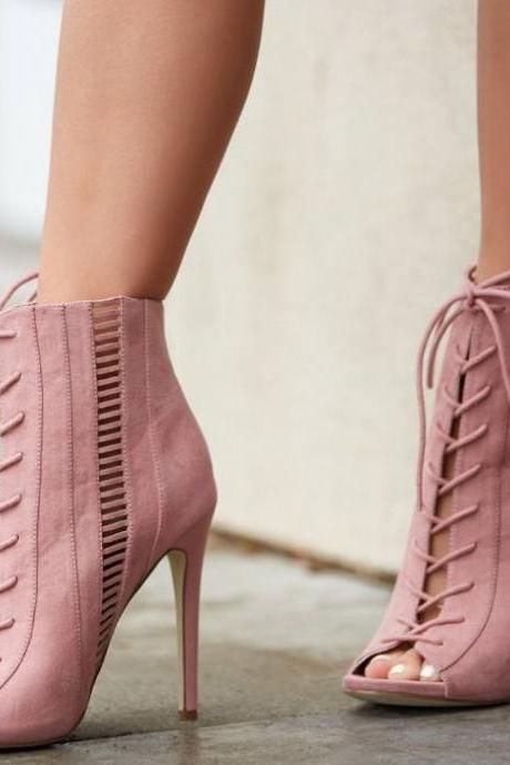 Lace UP Hollow Out Peep Toe Pure Color Stiletto High Heel Ankle Boot Sandals