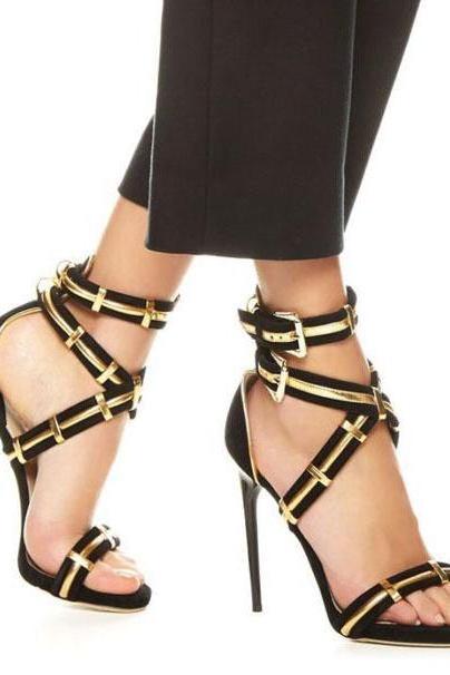 Gold Black Simple Ankle Wrap Straps Open Toe Stiletto High Heel Sandals