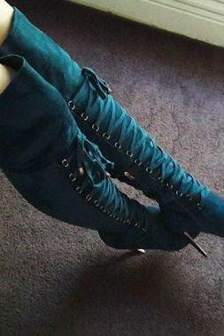 Straps Lace Up Pointed Toe Stiletto High Heel Over The Knee Boots
