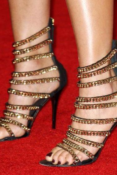 Golden Chain Straps Open Toe Stiletto High Heel Sandals
